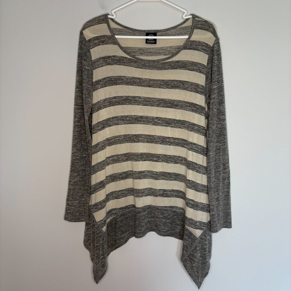 BOBEAU Long Sleeve Asymmetric Tunic Womens L Ivory Gray Stripes